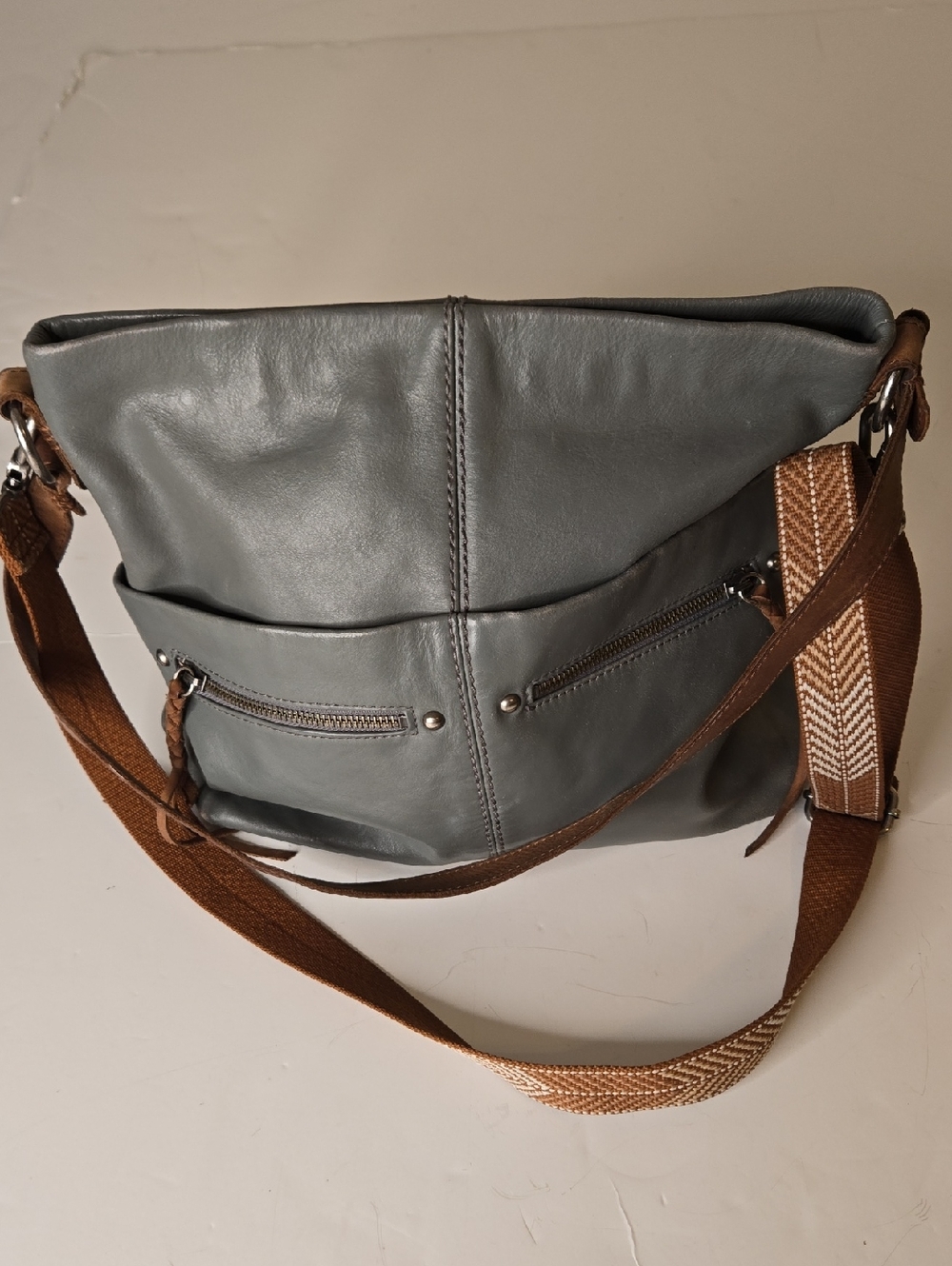 The Sak Gray Leather Crossbody with Brown Strap